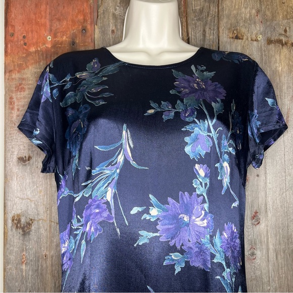 Laura Ashley 90s Vintage Satin Dark Floral Short Sleeve Maxi Dress Size 6 - Picture 2 of 10